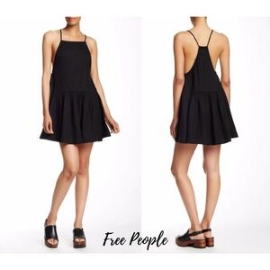 Free People Dress XS Black Skipping Stones Short Mini Sleeveless Lined Linen